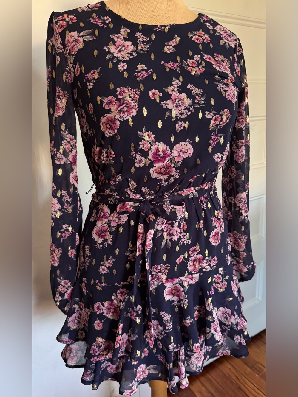 Navy Floral Tie-Waist Long-Sleeve Dress city studio brand